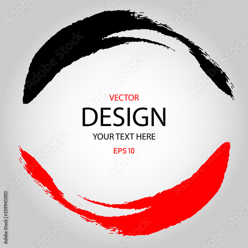 Abstract circle painted with a brush, strokes of black and red paint in the form of fish