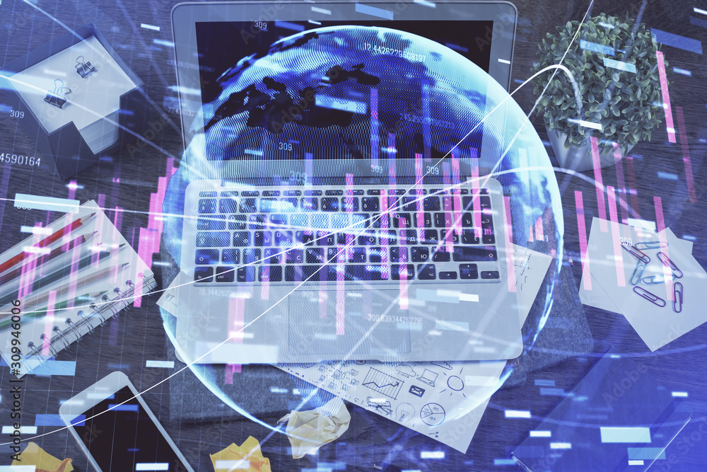 Multi exposure of forex graph and work space with computer. Concept of international online trading. Multi exposure of forex graph and work space with computer. Concept of international online trading.