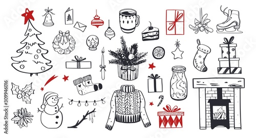 Big Merry Christmas and happy New Year festive vector collection. Different hand drawn doodle elements, Christmas tree, fireplace, cozy sweater, Winter holidays attributes.