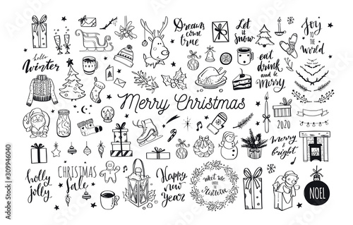 Big Merry Christmas and happy New Year festive vector collection. Different hand drawn doodle elements, Christmas tree, fireplace, cozy sweater, Winter holidays attributes.