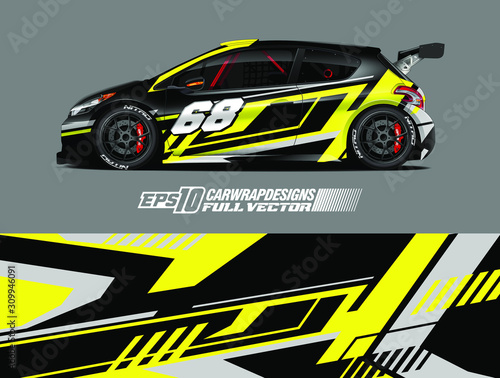 Racing car wrap design vector. Graphic abstract stripe racing background kit designs for wrap vehicle  race car  rally  adventure and livery. Full vector eps 10