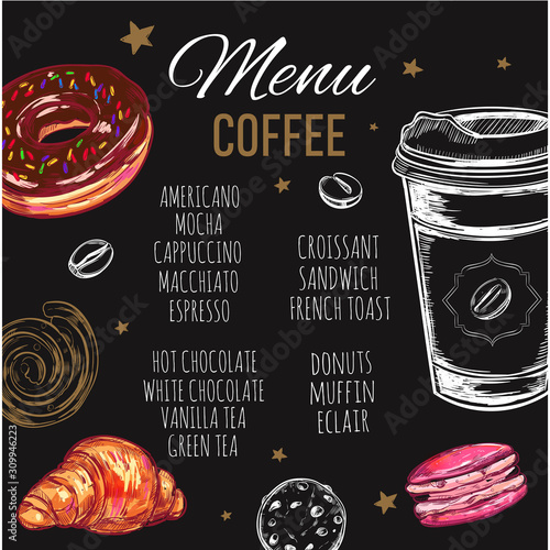 Coffee and Bakery restaurant Menu, brochure. Vector hand drawn template with sketch illustrations and handwritten