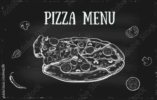 Vector hand drawn Pizza menu cover with vegetables. Vintage, retro template for italian restaurans, pizzeria