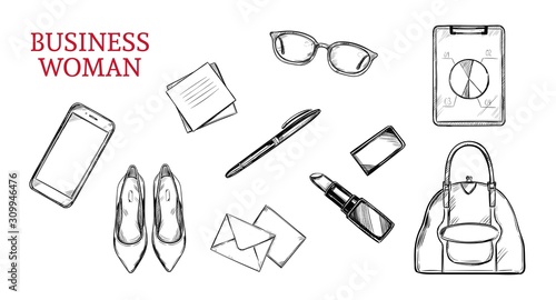 Business woman vector hand drawn concept. Workplace, flat lay