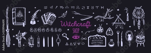 Witchcraft, magic background for witches and wizards. Wicca and pagan tradition. Vector vintage collection. Hand drawn elements candles, book of shadows, potion, tarot cards etc.