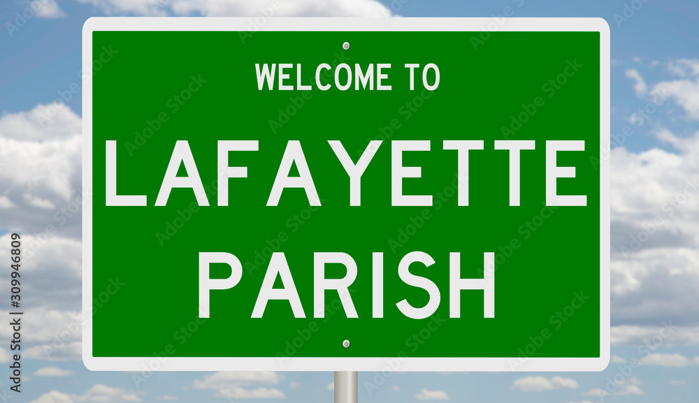 Rendering of a green 3d highway sign for Lafayette Parish  in Louisiana