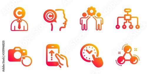 Restructuring, Employees teamwork and Recovery photo line icons set. Swipe up, Writer and Time management signs. Copyrighter, Chemistry molecule symbols. Delegate, Collaboration. Science set. Vector