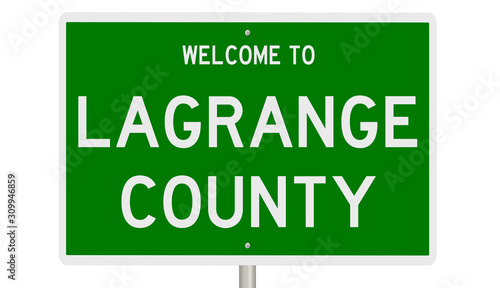 Rendering of a green 3d highway sign for LaGrange County © Rex Wholster