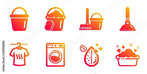 Bucket with mop, Bucket and Plunger line icons set. Dry t-shirt, Dirty water and Sponge signs. Washing machine, Hand washing symbols. Cleaner equipment, Clogged pipes cleaner. Cleaning set. Vector