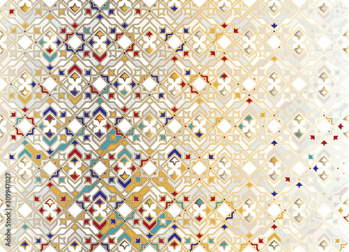 Seamless Islamic ornamental Background in color. Islamic ornamental colorful detail of mosaic. arabic, east ornament, indian ornament, persian motif, 3D. Ramadan Kareem gold greeting card, banner