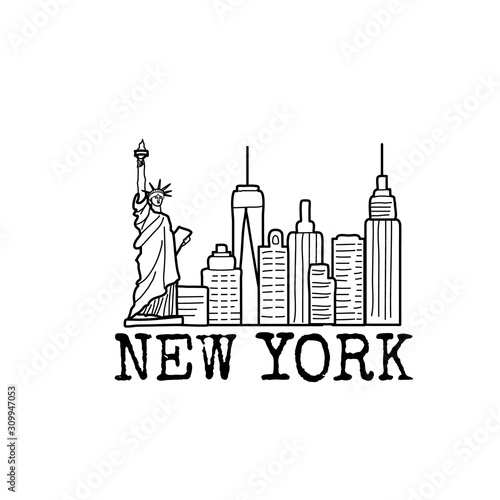 New York skyline cityscape line drawing. Vector sketch illustration