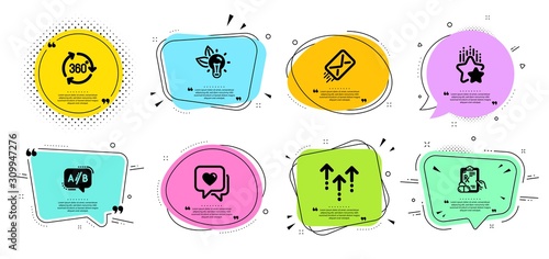 Ranking stars, Eco energy and Heart line icons set. Chat bubbles with quotes. E-mail, Prescription drugs and 360 degree signs. Ab testing, Swipe up symbols. Winner award, Lightbulb. Vector