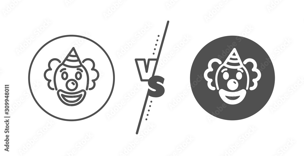 Amusement park funnyman sign. Versus concept. Clown line icon. Line vs classic clown icon. Vector Amusement park funnyman sign. Versus concept. Clown line icon. Line vs classic clown icon. Vector