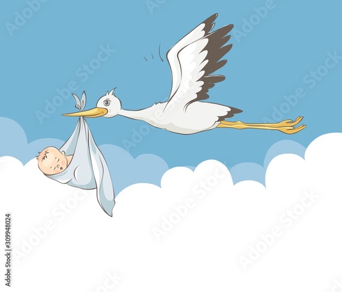 Stork bears baby.	Vector illustration with a newborn baby.	