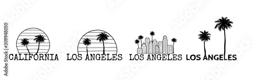 Los Angeles symbol set. Line drawing with palm tree silhouette. Cityline. Vector sketch illustration