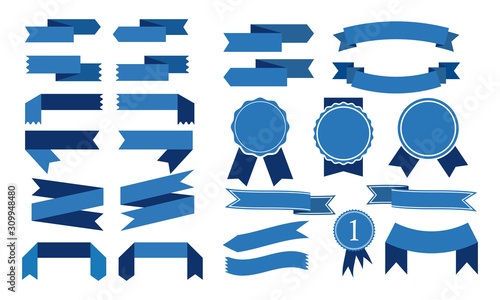 set of blue ribbon banner icon