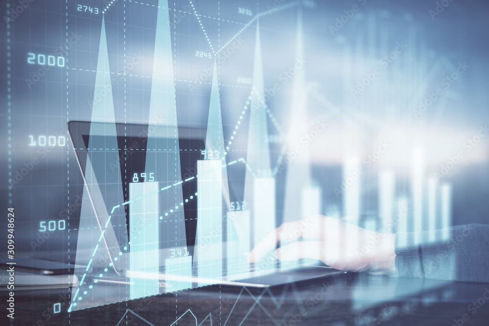 Multi exposure of market chart with man working on computer on background. Concept of financial analysis. Multi exposure of market chart with man working on computer on background. Concept of financial analysis.