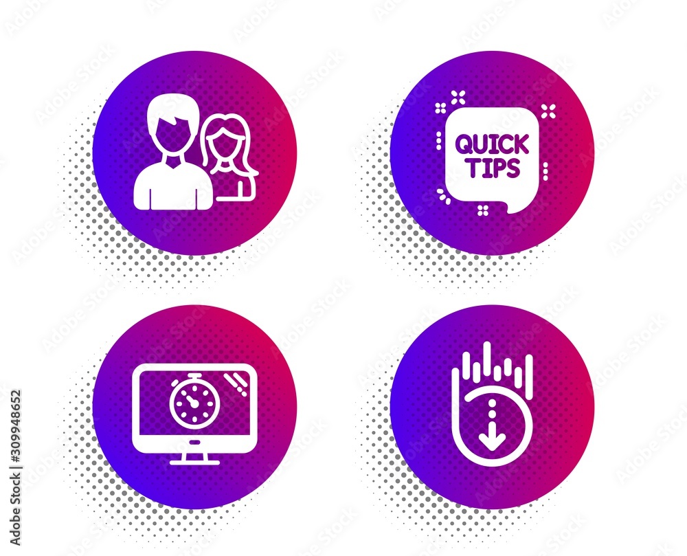 Quick tips, Teamwork and Seo timer icons simple set. Halftone dots button. Scroll down sign. Helpful tricks, Man with woman, Analytics. Swipe screen. Business set. Classic flat quick tips icon. Vector Quick tips, Teamwork and Seo timer icons simple set. Halftone dots button. Scroll down sign. Helpful tricks, Man with woman, Analytics. Swipe screen. Business set. Classic flat quick tips icon. Vector