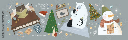 We wish you a merry Christmas and a happy new year! Vector cute illustration of Santa Claus at home in the living room and animal bunnies decorating the Christmas tree on the eve of the holiday.  photo