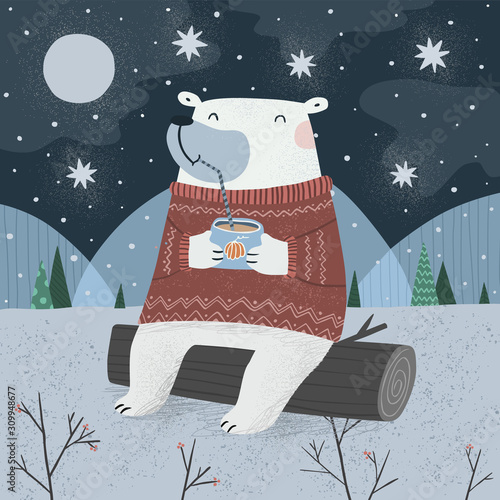  polar bear with a cocktail on the nature in the evening in the winter forest. Freehand drawing for christmas or new year card, background or poster.