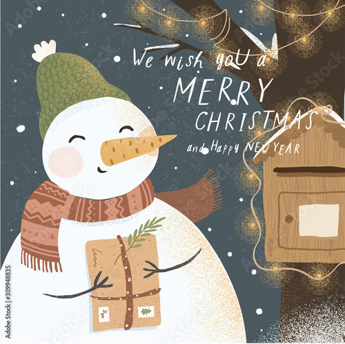 We wish you a merry Christmas and a happy new year. Cute vector illustration of a snowman with a gift near a tree with a garland and a postbox in the winter forest on nature. Illustration for a card