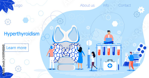 Hyperthyroidism concept vector. Endocrinologists diagnose and treat human thyroid gland. Specialists make blood test on hormones. Medicine landing page template for website