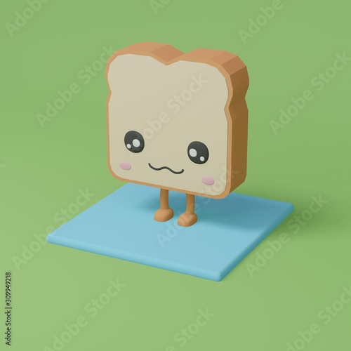 cute 3d render cartoon slices of bread kawaii faces Smile mascot. White and  brown toast design for breakfast, geometric scene on green background.  minimal idea creative concept 