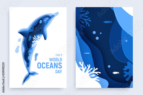 Paper art world ocean day banner set with dolphin silhouette. Underwater world page layout. Paper cut sea background with dolphin, waves and coral reefs. Craft vector illustration