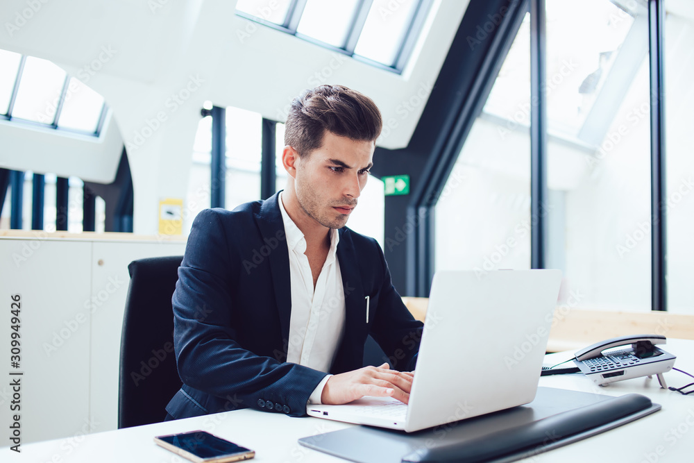 Fototapeta premium Focused employee doing work in office