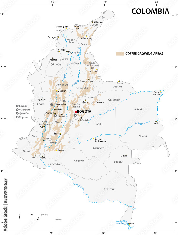 Map of the coffee growing areas of Colombia