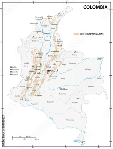 Map of the coffee growing areas of Colombia