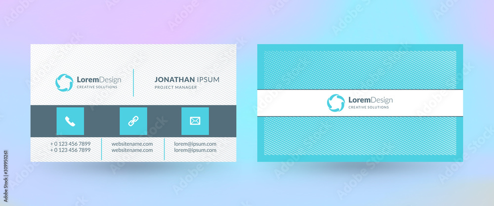 Double-sided horizontal business card template. Vector mockup illustration. Stationery design. Halftone texture Double-sided horizontal business card template. Vector mockup illustration. Stationery design. Halftone texture