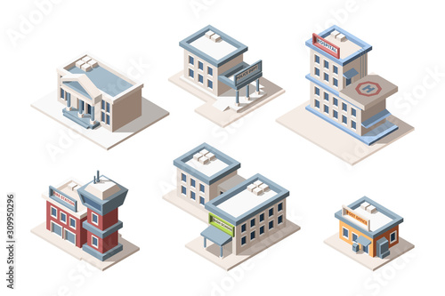 City buildings isometric 3D vector illustrations set
