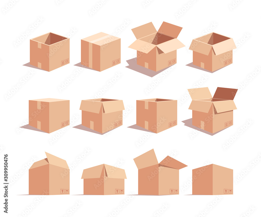 Carton boxes isometric 3D vector illustrations set Carton boxes isometric 3D vector illustrations set