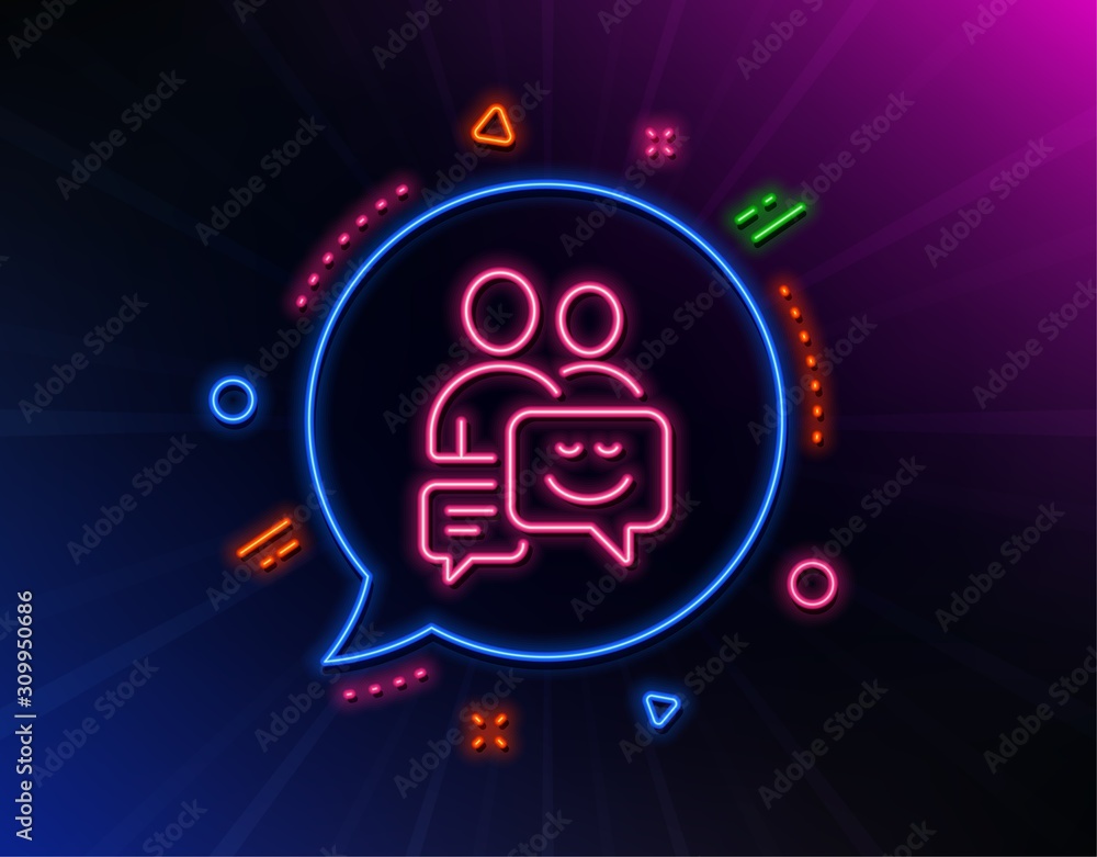 Group of Men line icon. Neon laser lights. Human communication symbol. Teamwork sign. Glow laser speech bubble. Neon lights chat bubble. Banner badge with communication icon. Vector