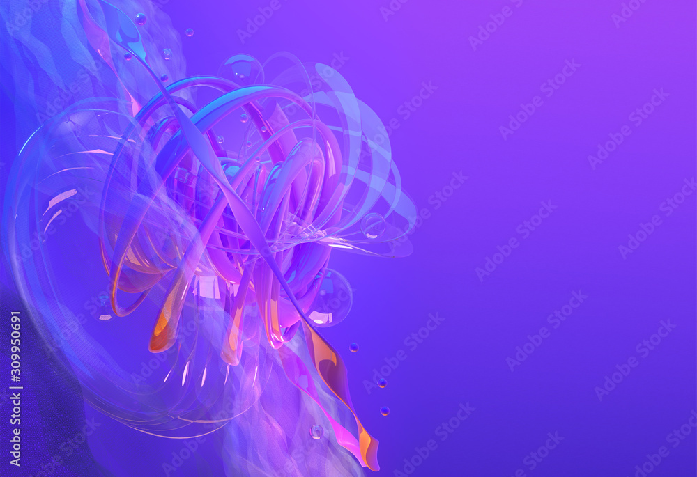 Fototapeta premium Abstract 3D shapes on purple gradient background with copy space. Modern fluid colorful scifi geometric glowing figures abstract gradient background for web, banner, flyer, landing page, design layout
