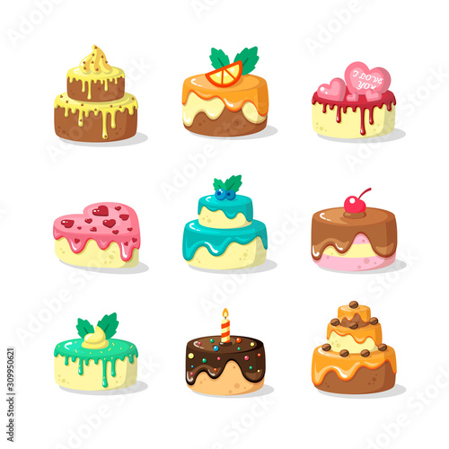 Whole cakes with frosting and fruit flat vector illustration set