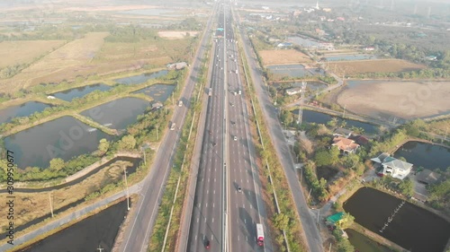 Aerial view of the traffic on the motorway on the weekend. photo