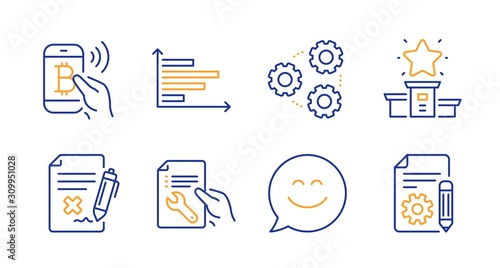 Horizontal chart, Repair document and Winner podium line icons set. Bitcoin pay, Smile chat and Reject file signs. Gears, Documentation symbols. Presentation graph, Spanner tool. Vector