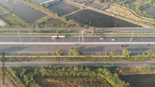 Aerial view of the traffic on the motorway on the weekend.