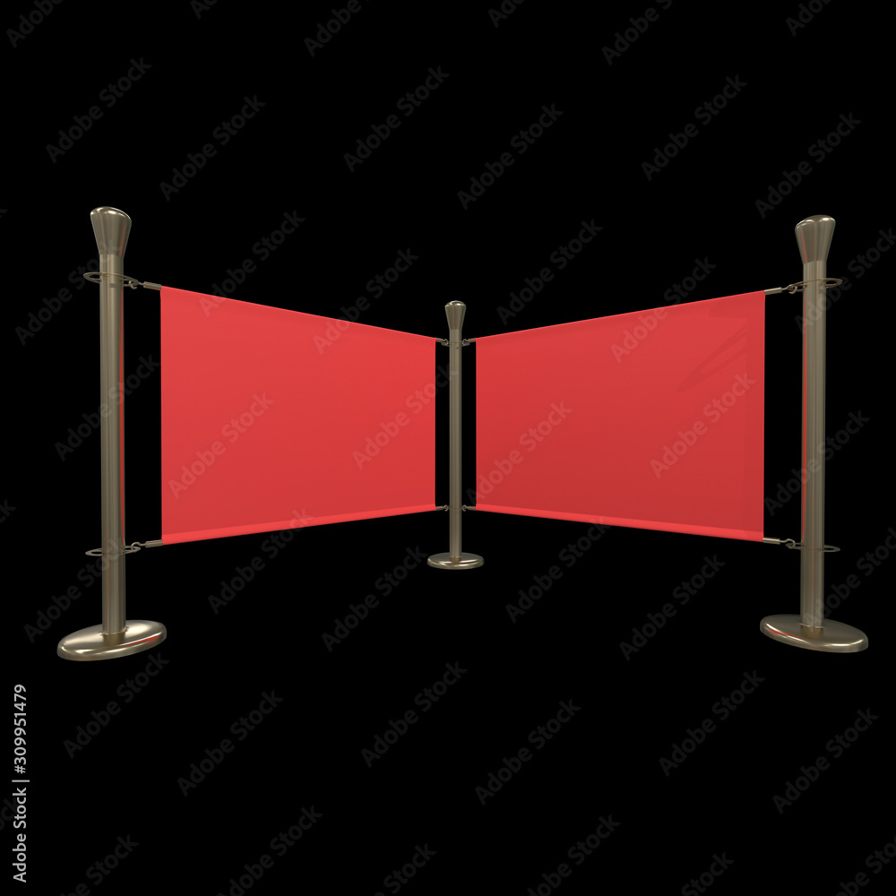 Obraz premium Red and Gold Banner Stand. Trade show booth. 3d render on black background. High Resolution Template for your design.