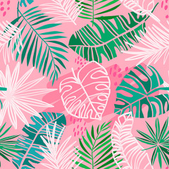 Fotobehang Lichtroze patronen Groene jungle bladeren op roze  © gala.draw