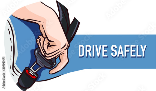 Safety First concept. Seat Belt. Man fasten buckle hands.