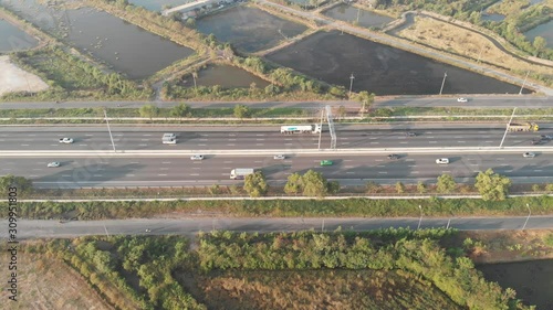 Aerial view of the traffic on the motorway on the weekend.
