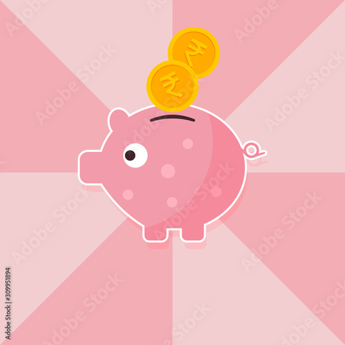 Piggy bank and coins with Indian Rupee sign. Concept of saving money. Flat illustration. 