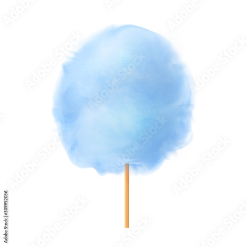 Cotton candy. Realistic blue cotton candy on wooden stick. Summer tasty and sweet snack for children in parks and food festivals. 3d vector realistic illustration isolated on white background