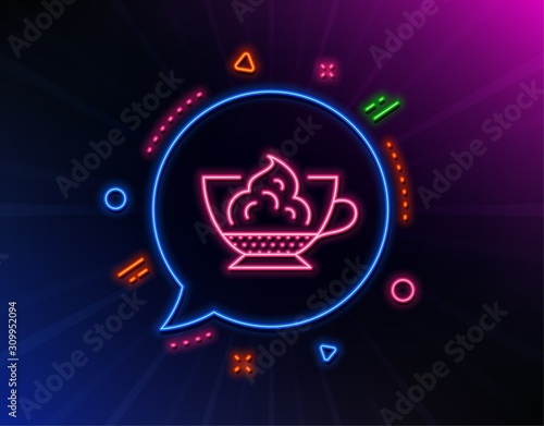 Espresso with whipped cream icon. Neon laser lights. Hot coffee drink sign. Beverage symbol. Glow laser speech bubble. Neon lights chat bubble. Banner badge with espresso cream icon. Vector