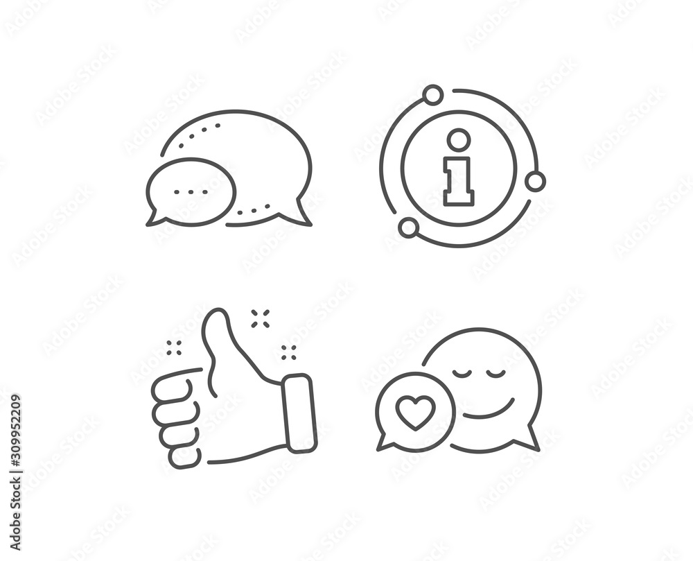 Comic speech bubble with Smile line icon. Chat bubble, info sign elements. Chat emotion with heart sign. Linear dating outline icon. Information bubble. Vector