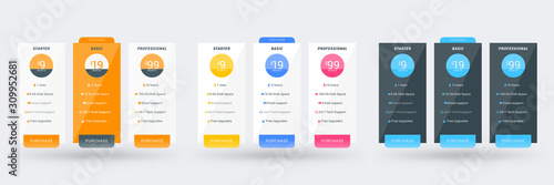 Pricing table design template for websites and applications. Set of three different color variations. Vector pricing plans. Flat style vector illustration