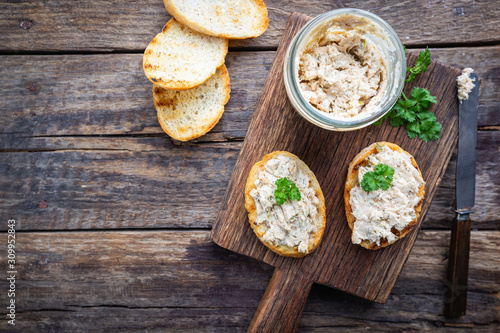 Photography Sandwiches with salmon pate and baguette, fish bruschetta, top view